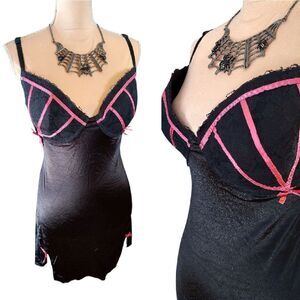 Y2K Indulgence Black Satin & Lace Pink Trim Bows Chemise Slip Plussize 2X / 40